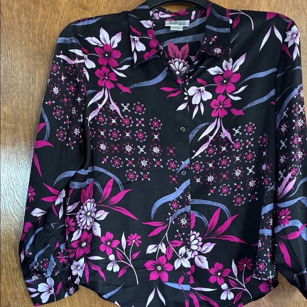 Style & Co. Black and Pink Floral Button-Up Blouse Size 16Petite